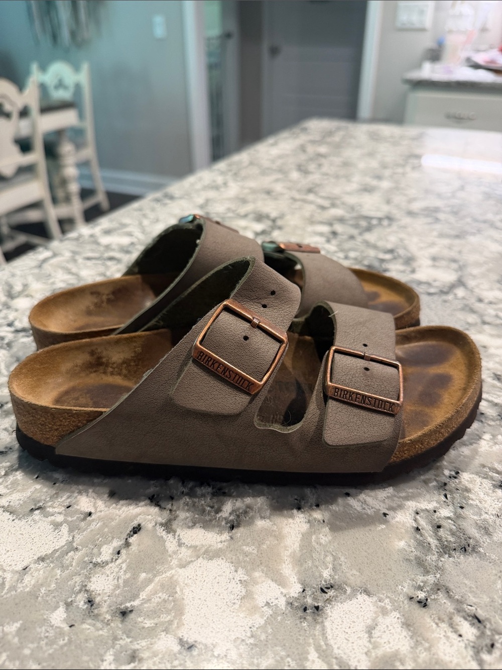 Birkenstock Taupe Two-Strap Sandals with Copper Buckles